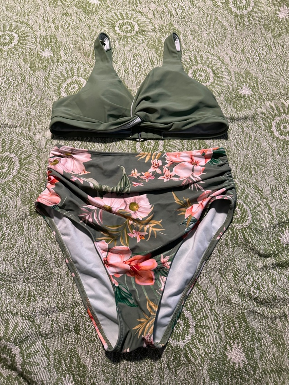 Cupshe Olive Green Floral High-Waist Bikini Set with orange Bloom